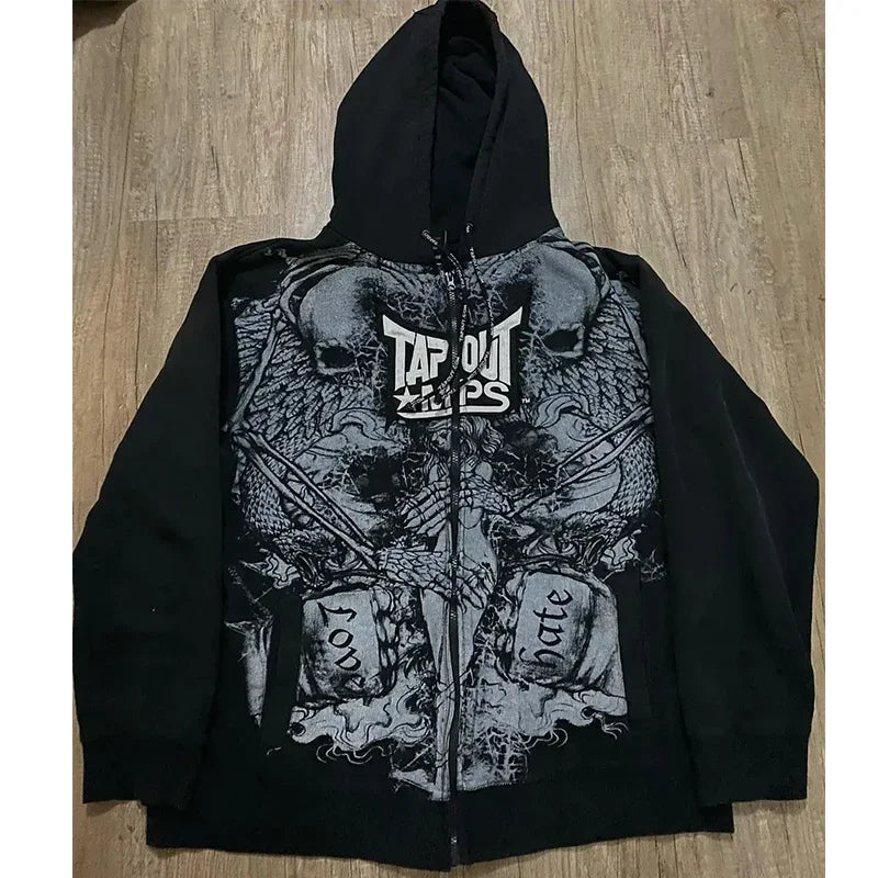 Y2K Grunge Zip Hoodie With Vintage Print For 2025 Fall Outfits Aesthetic