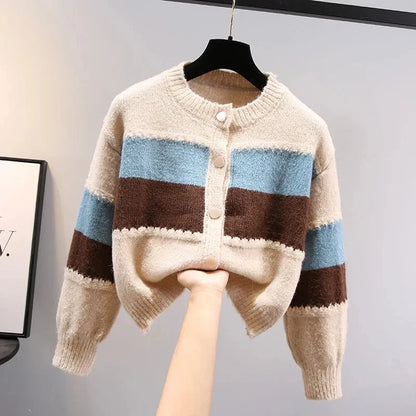 Boho-Chic Multicolor Knit Cardigan with Dramatic Lantern Sleeves for Fall