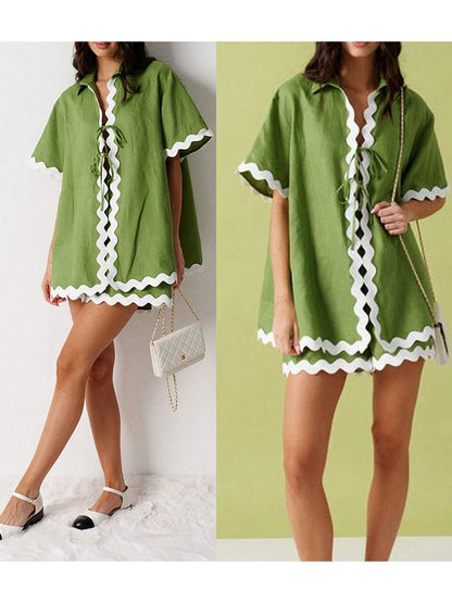 2 Piece Outfit for Women Cozy Pajama Set with Ric Rac Trim and Summer Shorts