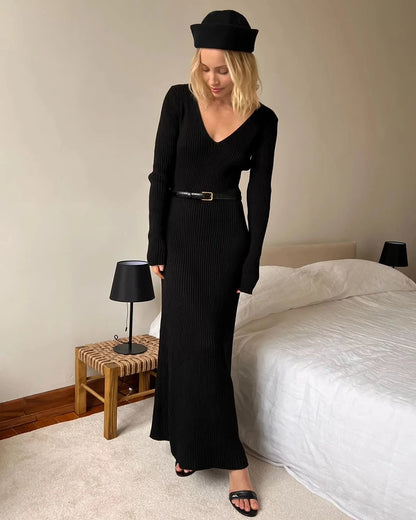 Classic Brown Knit Long Sleeve Dress for Cold Days