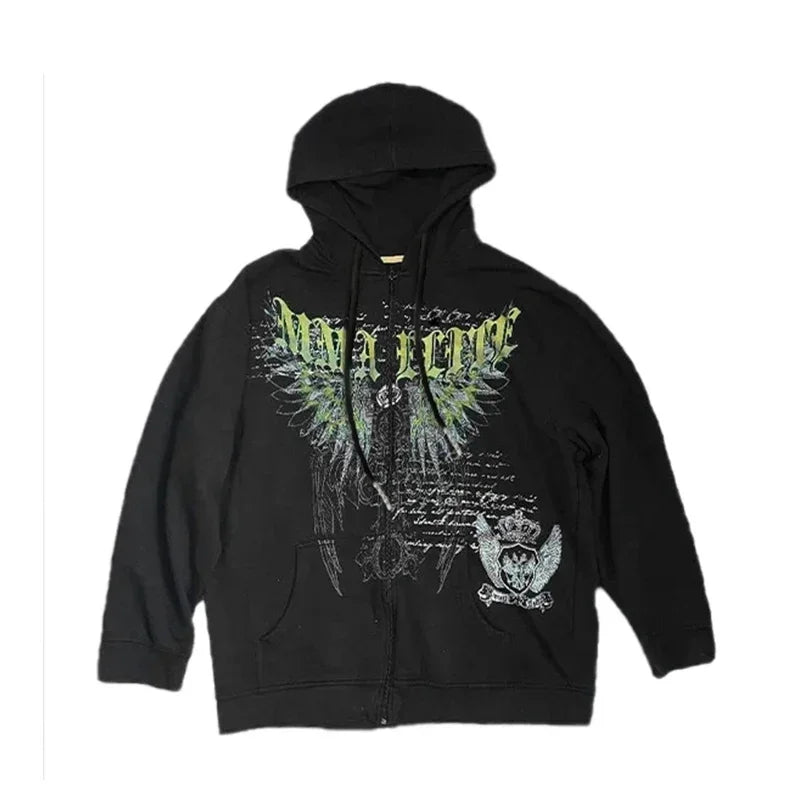 Y2K Grunge Zip Hoodie With Vintage Print For 2025 Fall Outfits Aesthetic