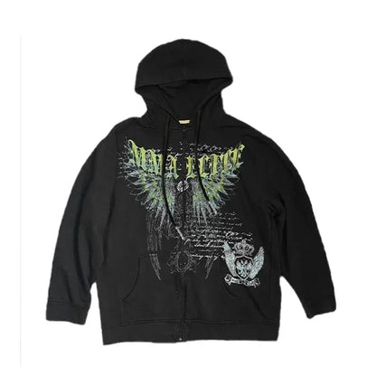 Y2K Grunge Zip Hoodie With Vintage Print For 2025 Fall Outfits Aesthetic