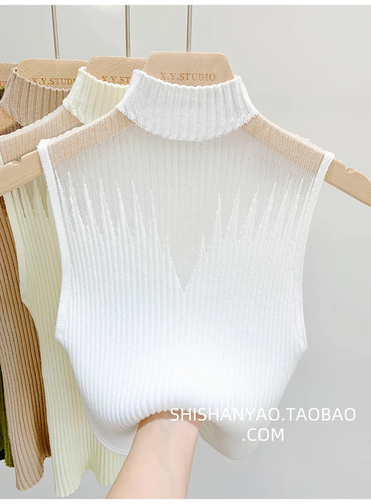 Y2K Mesh Knit Cut Out Tank Top for Women Sleeveless Half Neck Slim Fit Summer Streetwear Aesthetic Retro Sweater Vest 2025 Trend