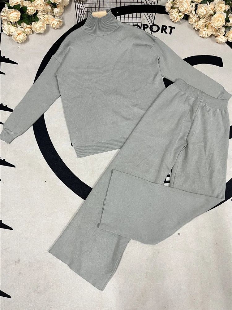 Fall Outfits Casual Knitted 2 Piece Outfit For Women Warm Turtleneck Sweater And Pants Set