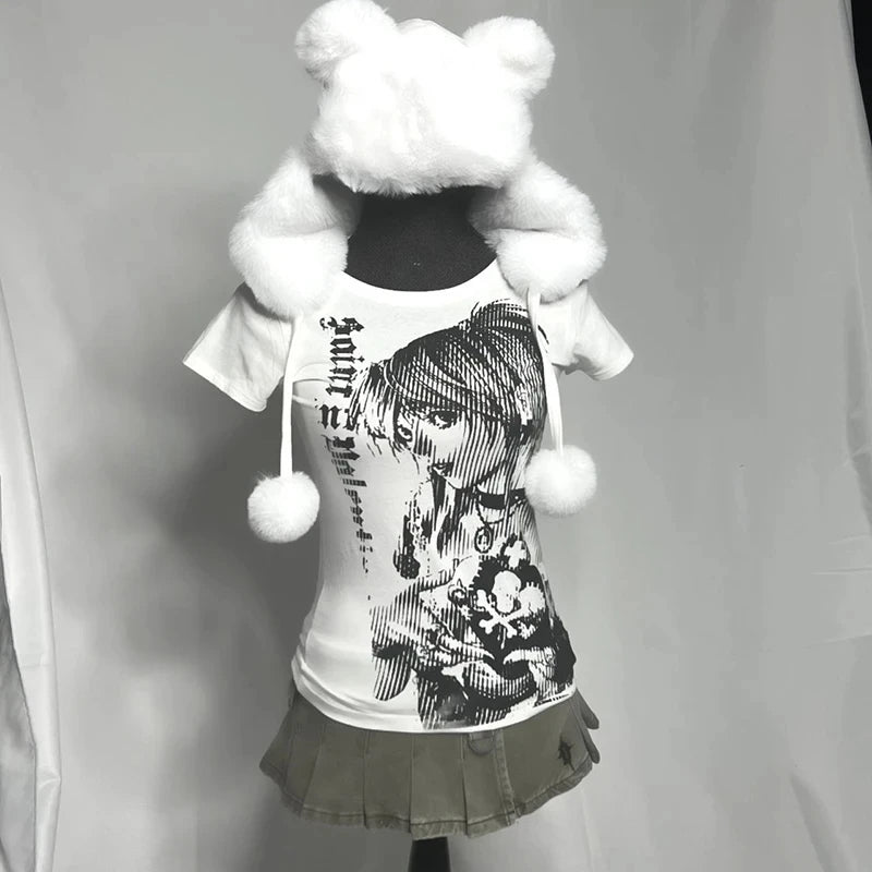 Retrocore O-Neck MicroCrop for Alt-Girl Street Vibes Y2k anime Streetwear Tops T-shirt