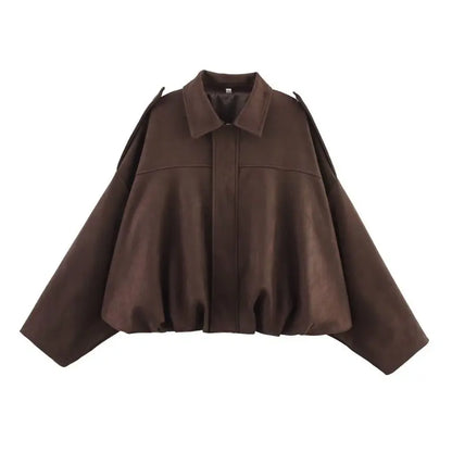 Loose Fit Suede Bomber Jacket Outfit Casual Fall Trend For Women With Lapel Zipper