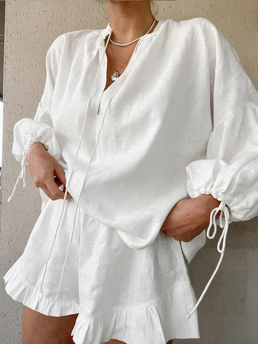 Trendy Y2K Two Piece Set With V Neck Blouse And Relaxed Retro Shorts For Summer