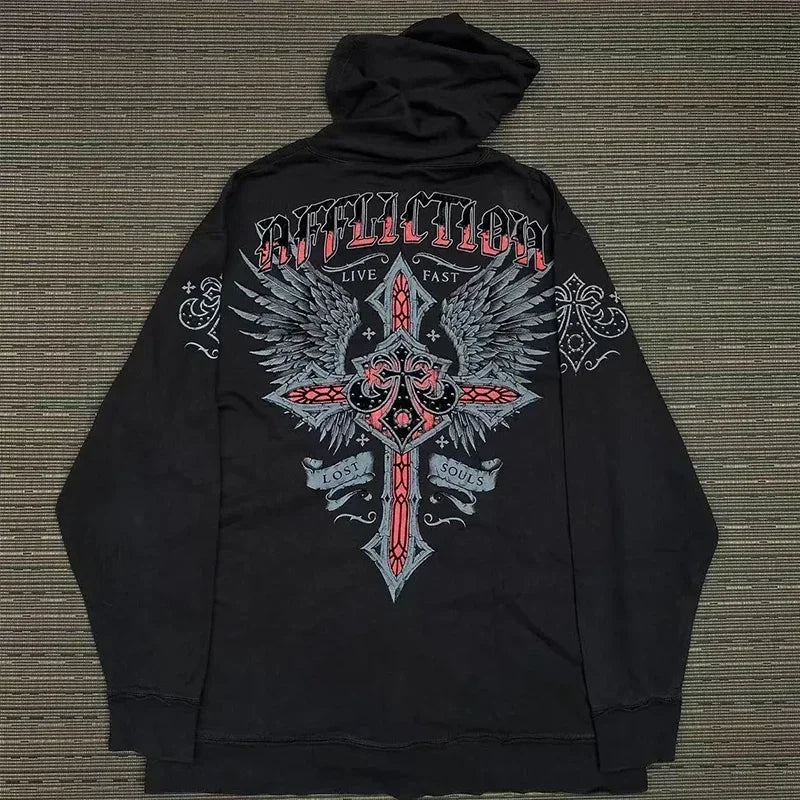 Y2K Grunge Zip Hoodie With Vintage Print For 2025 Fall Outfits Aesthetic
