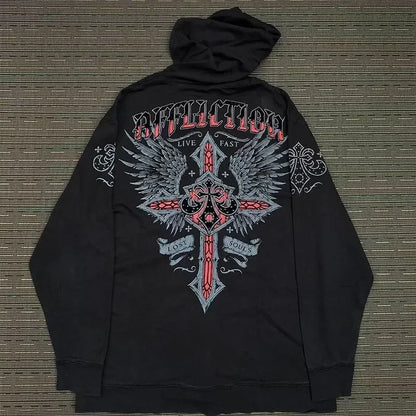Y2K Grunge Zip Hoodie With Vintage Print For 2025 Fall Outfits Aesthetic