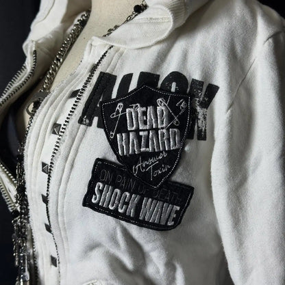 Retro Streetwear Outfit Aesthetic Y2K Skull Embroidered Hoodie Oversized Casual Jacket Inspiration