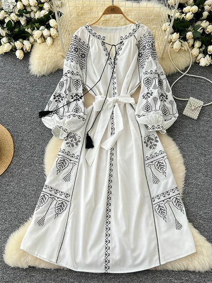 Bohemian Long Dress With Ethnic Embroidery And Cinched Waist For Spring Outfits