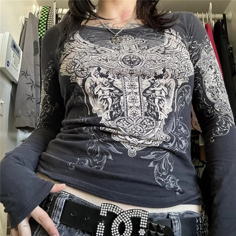 Y2K Vintage Graphic Crop Top - Grunge Long Sleeve Egirl Tee