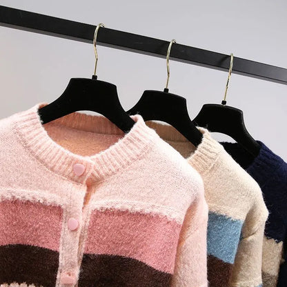 Boho-Chic Multicolor Knit Cardigan with Dramatic Lantern Sleeves for Fall