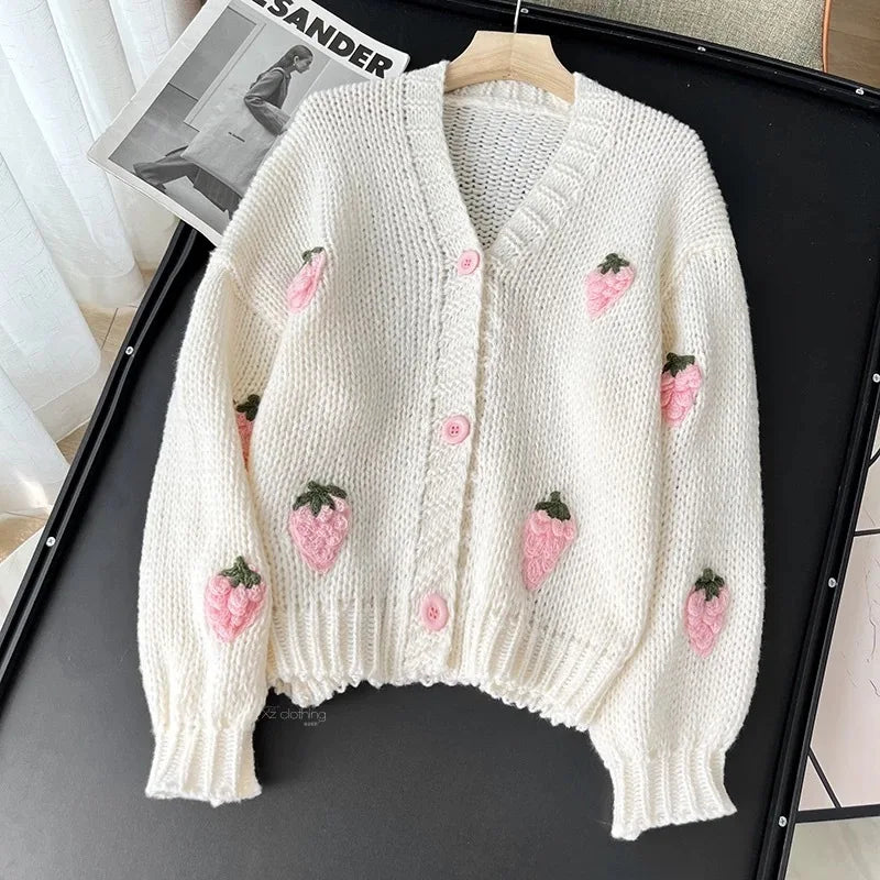 Fall Outfit Ideas Sweet Strawberry Knit Cardigan For Women Preppy Style V Neck Sweater Top