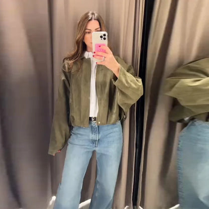 Fall Outfit Inspiration Green Short Jacket With Zipper And Lapel Style