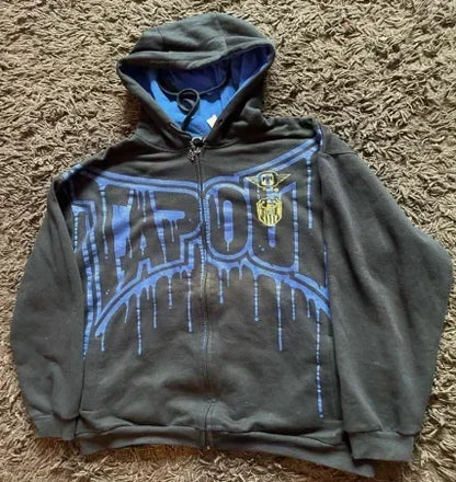 Y2K Grunge Zip Hoodie With Vintage Print For 2025 Fall Outfits Aesthetic