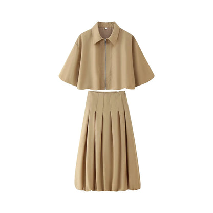 Two Piece Outfit Casual Lantern Skirt And Zipper Top Fall Fashion Look