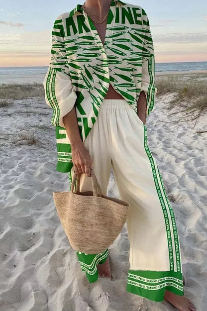 Beachy Two Piece Outfit With Loose Shirt And Wide Leg Bottoms For Summer Outfits Casual
