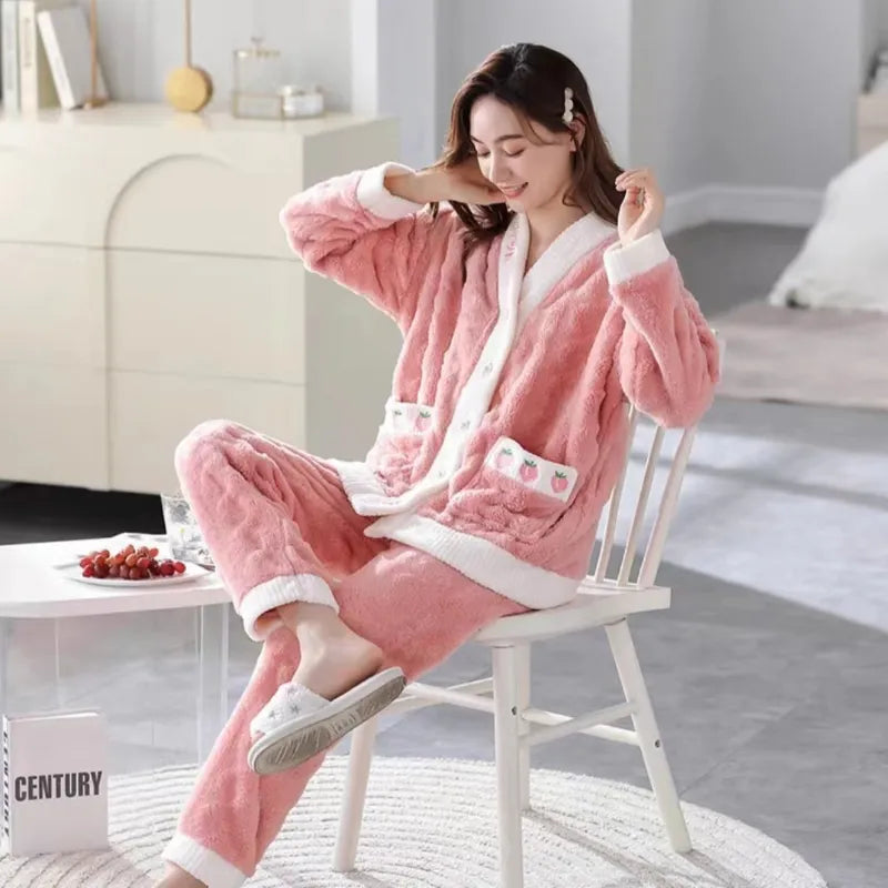 Casual Winter Fleece Cardigan Sleep Set