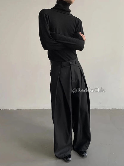 Cleanfit 2025 Minimalist Black Pleated Front Wide Leg Trousers with Low Waist Design for Unisex Office to Streetwear Core Style