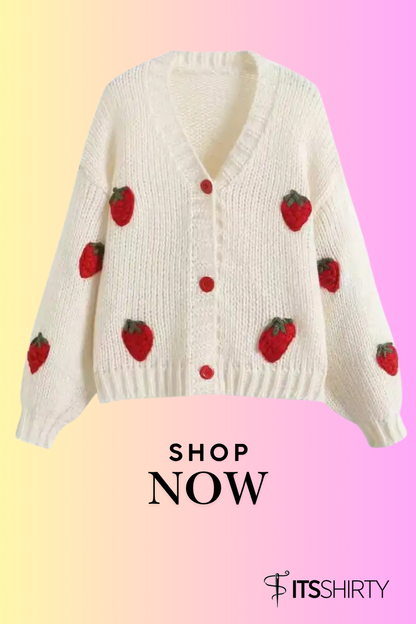 Fall Outfit Ideas Sweet Strawberry Knit Cardigan For Women Preppy Style V Neck Sweater Top