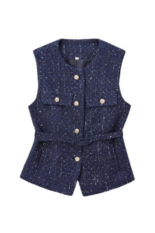 Sleeveless Tweed Waistcoat With Button Front For Trendy Outfit Ideas