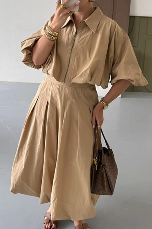 Two Piece Outfit Casual Lantern Skirt And Zipper Top Fall Fashion Look