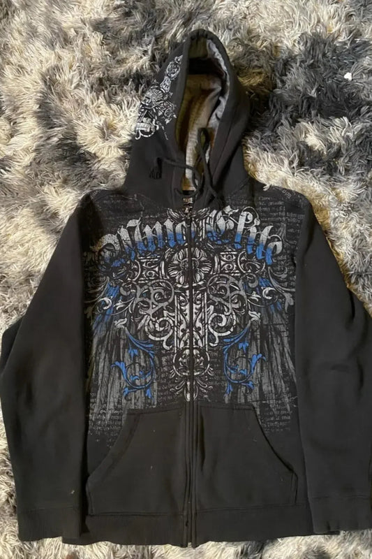 Y2K Grunge Zip Hoodie With Vintage Print For 2025 Fall Outfits Aesthetic