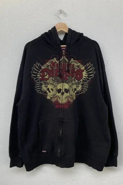 Black hoodie with a graphic design on a white background
