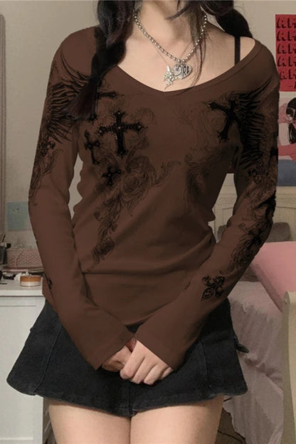 Y2K Vintage Graphic Crop Top - Grunge Long Sleeve Egirl Tee