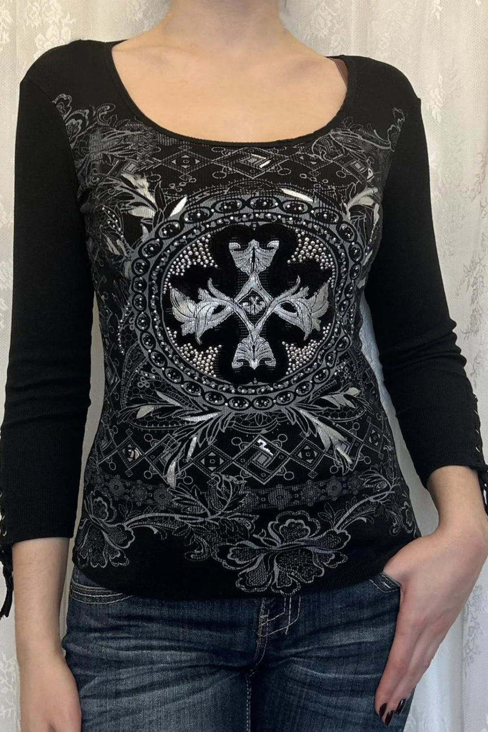 Y2K Vintage Graphic Crop Top - Grunge Long Sleeve Egirl Tee