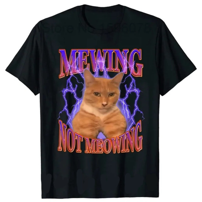 Kawaii Streetwear: Cat Print Gradient Graphic Tee