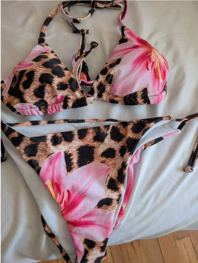 Midnight Allure: Laced-Up Leopard Print Bikini Set