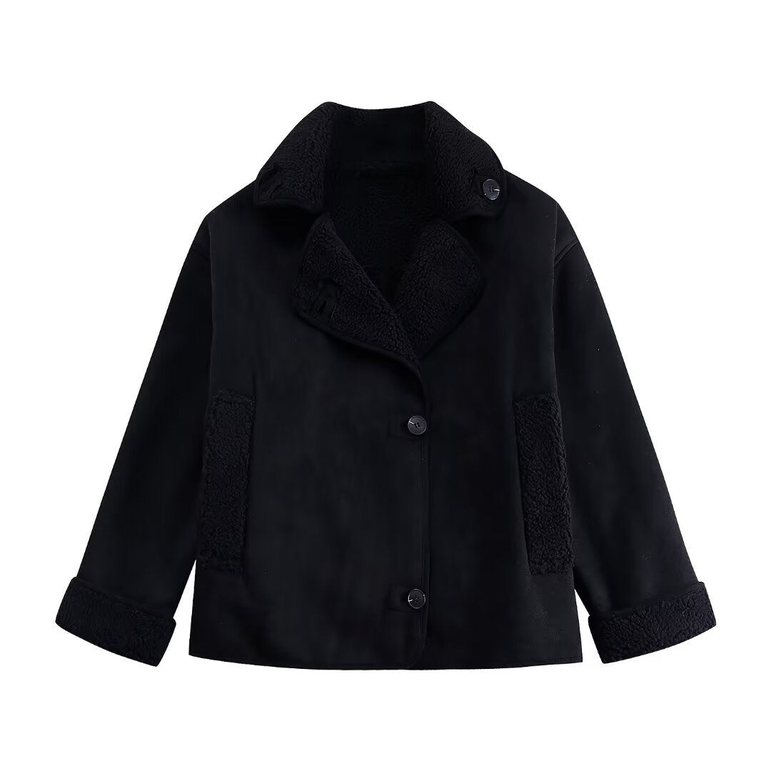 Soft Plush Casual Jacket V Neck Loose Fit Autumn Winter Coat