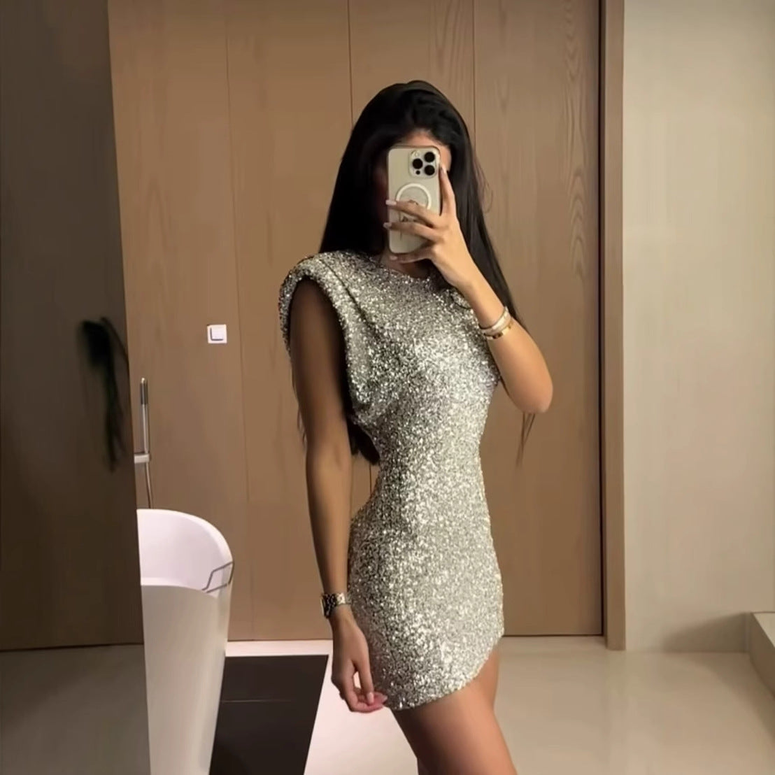 Celestial Sparkle Mini Dress Sleeveless Knitted Dress With Sequin Stars Ruffled Hem Slim Fit High Waist Style For Women 2025