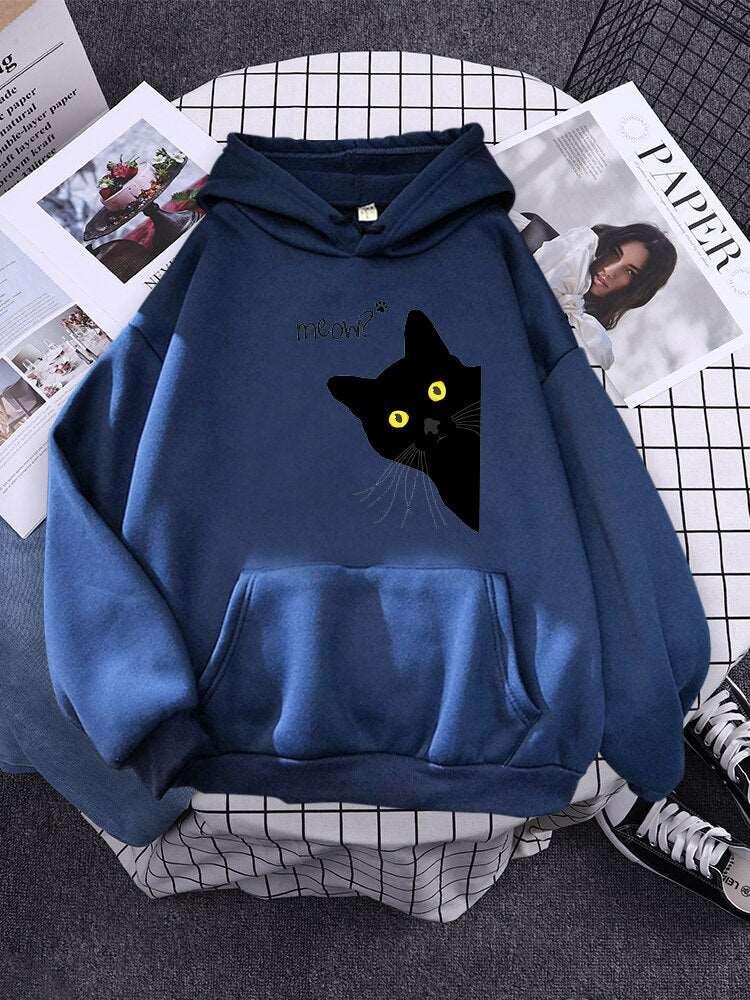 Big Black Cat Print Hoodie Womens Streetwear