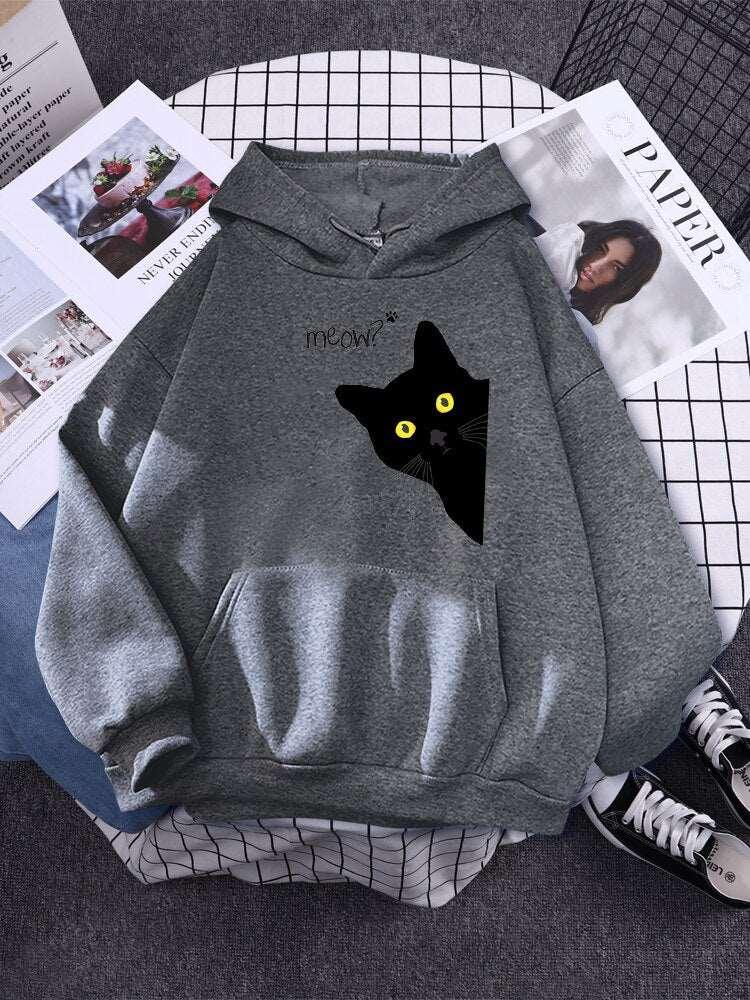 Big Black Cat Print Hoodie Womens Streetwear