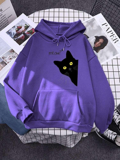 Big Black Cat Print Hoodie Womens Streetwear