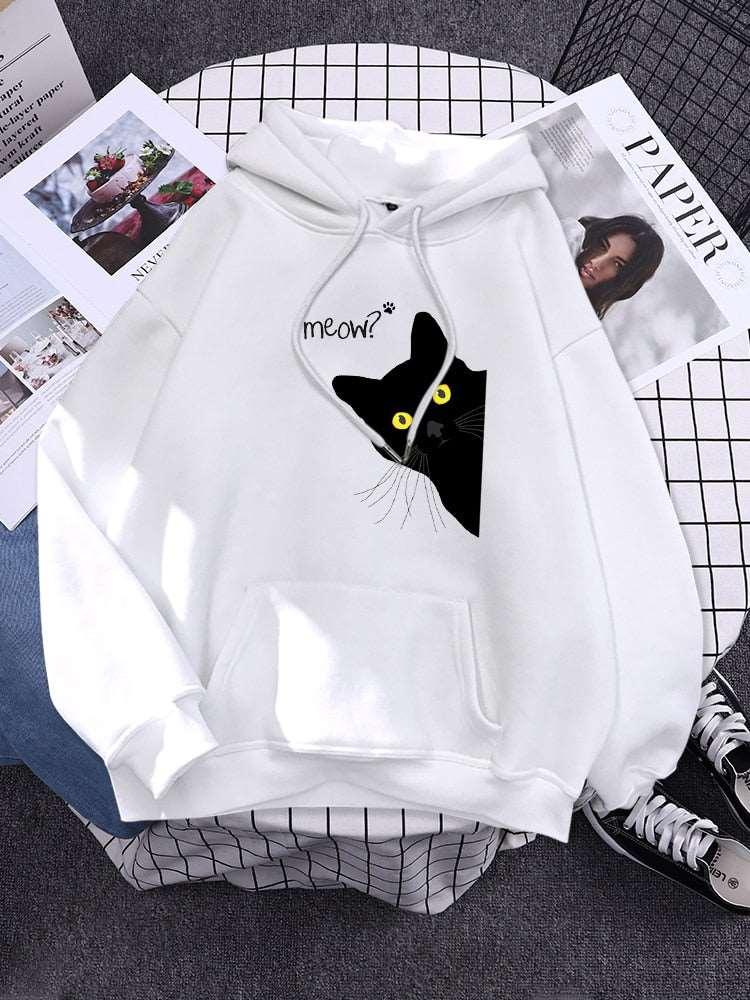 Big Black Cat Print Hoodie Womens Streetwear