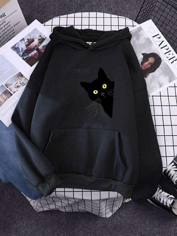 Big Black Cat Print Hoodie Womens Streetwear