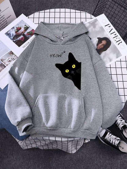 Big Black Cat Print Hoodie Womens Streetwear