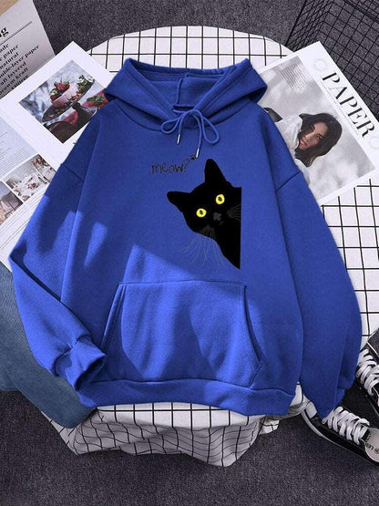 Big Black Cat Print Hoodie Womens Streetwear