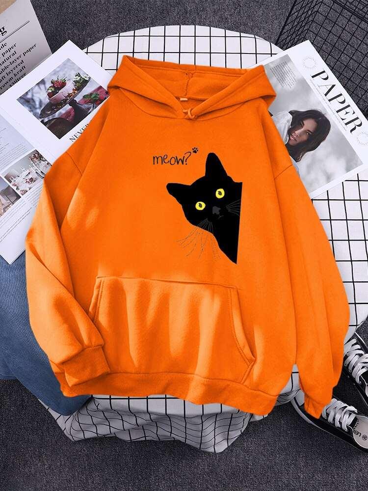 Big Black Cat Print Hoodie Womens Streetwear