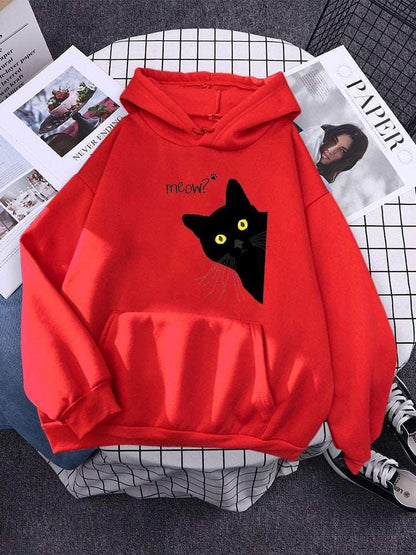 Big Black Cat Print Hoodie Womens Streetwear