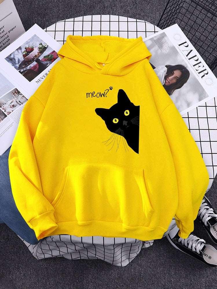 Big Black Cat Print Hoodie Womens Streetwear