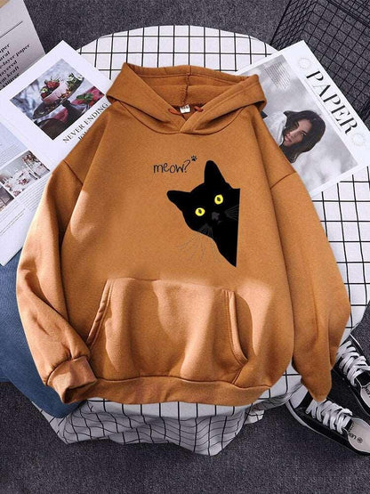 Big Black Cat Print Hoodie Womens Streetwear