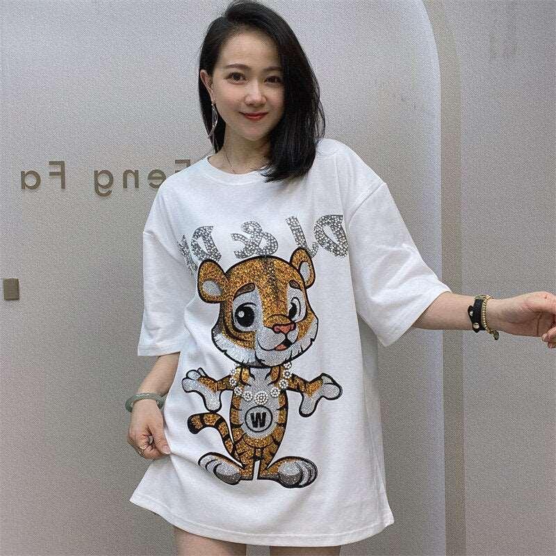 Cartoon Tiger Pattern Short Sleeve T-Shirt for Women