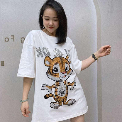 Cartoon Tiger Pattern Short Sleeve T-Shirt for Women