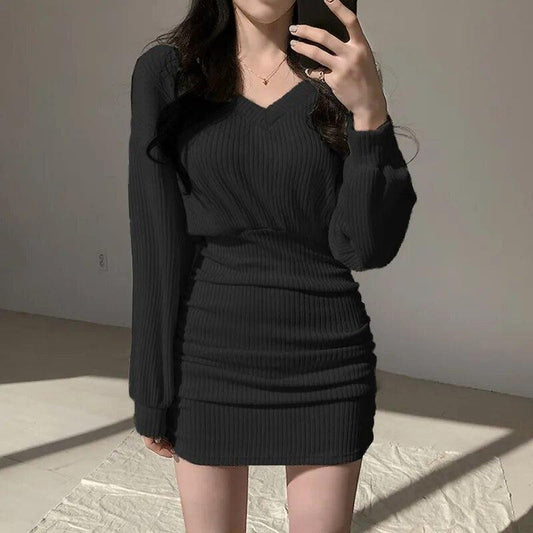 Chic V-Neck Sweater Mini Dress - itsshirty