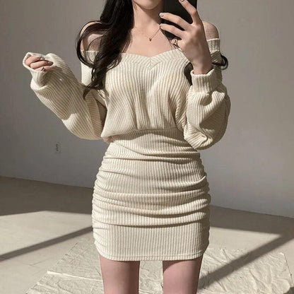 Chic V-Neck Sweater Mini Dress - itsshirty